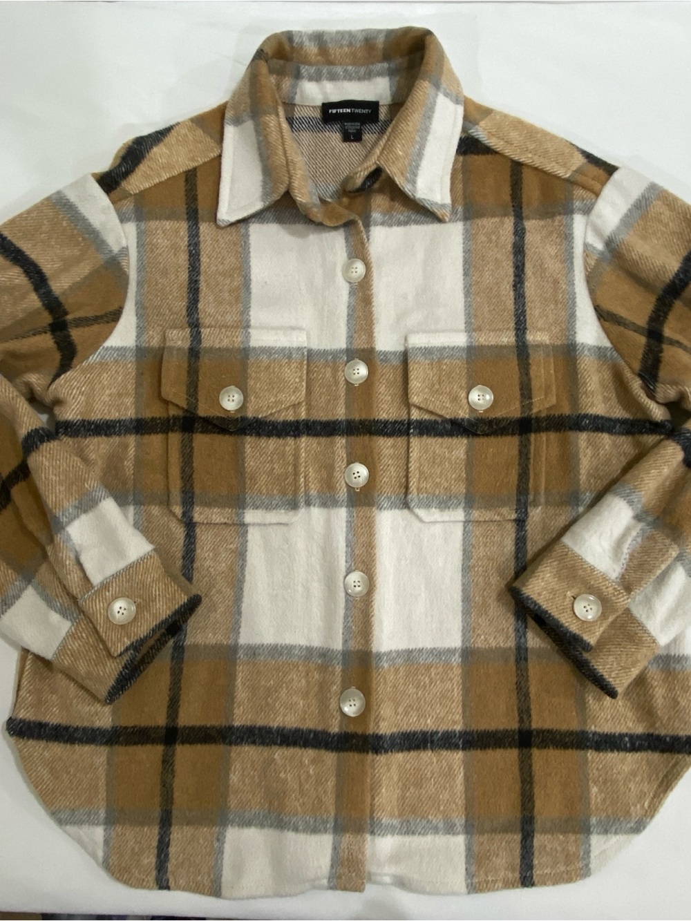Fifteen Twenty Flannel Camel Plaid Shacket Jacket Large Made in USA Heavy warm